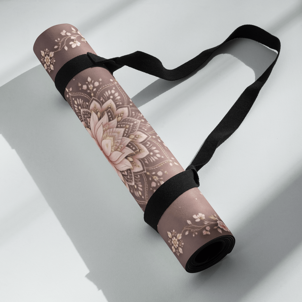 Hot Yoga Mat - Blush Blossom rolled up with a strap, featuring a floral design for yoga and meditation.