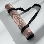 Hot Yoga Mat - Blush Blossom rolled up with a strap, featuring a floral design for yoga and meditation.