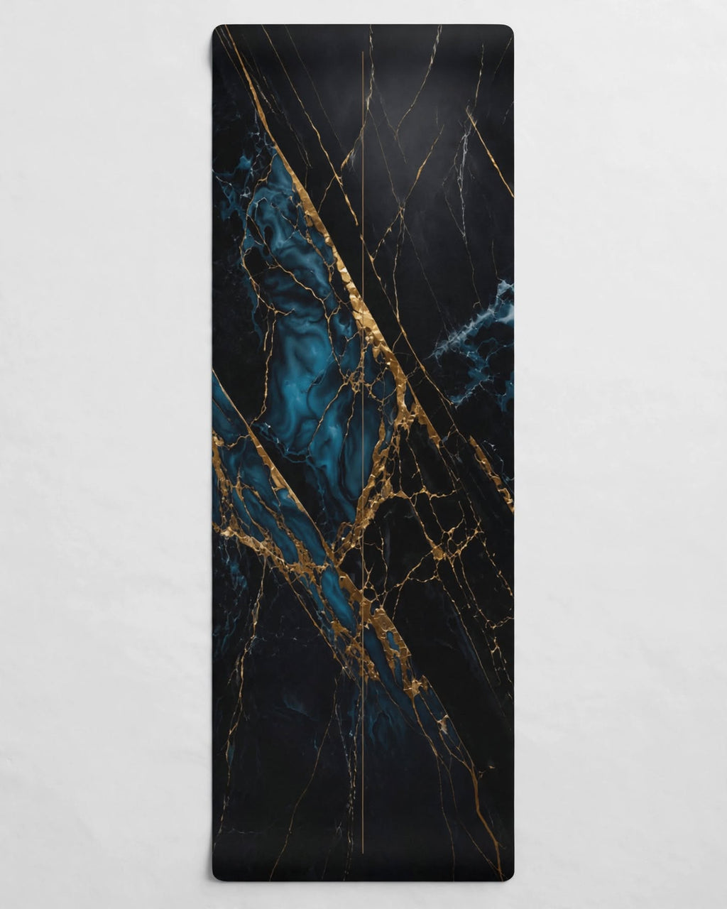 Hot Yoga Mat | Blue Ember with a striking black, blue, and gold marble design, perfect for elegant yoga sessions.