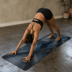 Hot Yoga Mat - Cobalt Veil | MIYRA® in use during downward dog, showcasing sweat-activated grip and non-slip surface.