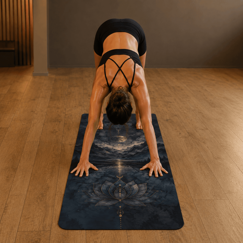 Practicing yoga on a MIYRA hot yoga mat - Midnight Lotus with sweat activated grip for non-slip performance.