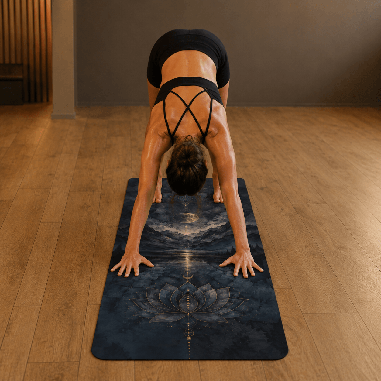 Practicing yoga on a MIYRA hot yoga mat - Midnight Lotus with sweat activated grip for non-slip performance.