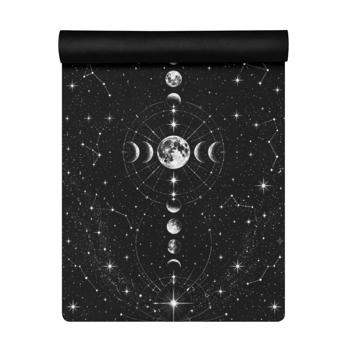 Hot Yoga Mat | Lunar Constellation features a celestial design with moon phases and stars on a black background.