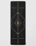 Hot Yoga Mat - Lunar Spine design featuring celestial motifs in gold on a black background, perfect for hot yoga practice.