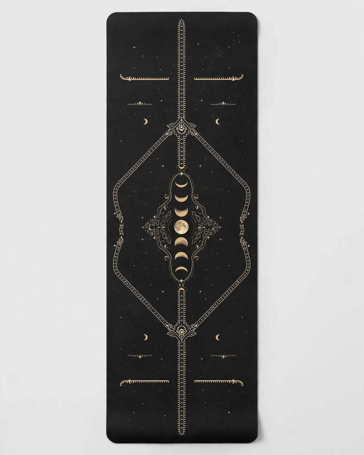 Hot Yoga Mat - Lunar Spine design featuring celestial motifs in gold on a black background, perfect for hot yoga practice.