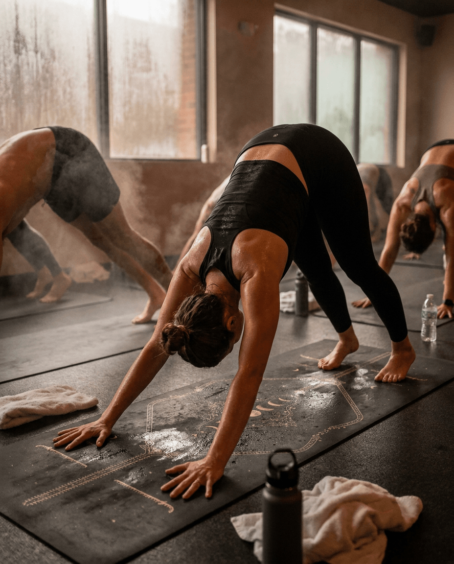 Hot Yoga Mat - Lunar Spine used in a hot yoga class for stability and comfort in a steamy environment.
