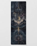 Hot Yoga Mat | Midnight Lotus featuring serene lotus design and moon against a mountain backdrop, ideal for meditation and practice.