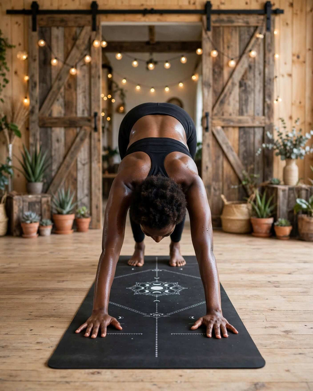 Practicing on the Hot Yoga Mat - Celestial Axis with anti-slip design in a serene yoga studio setting.