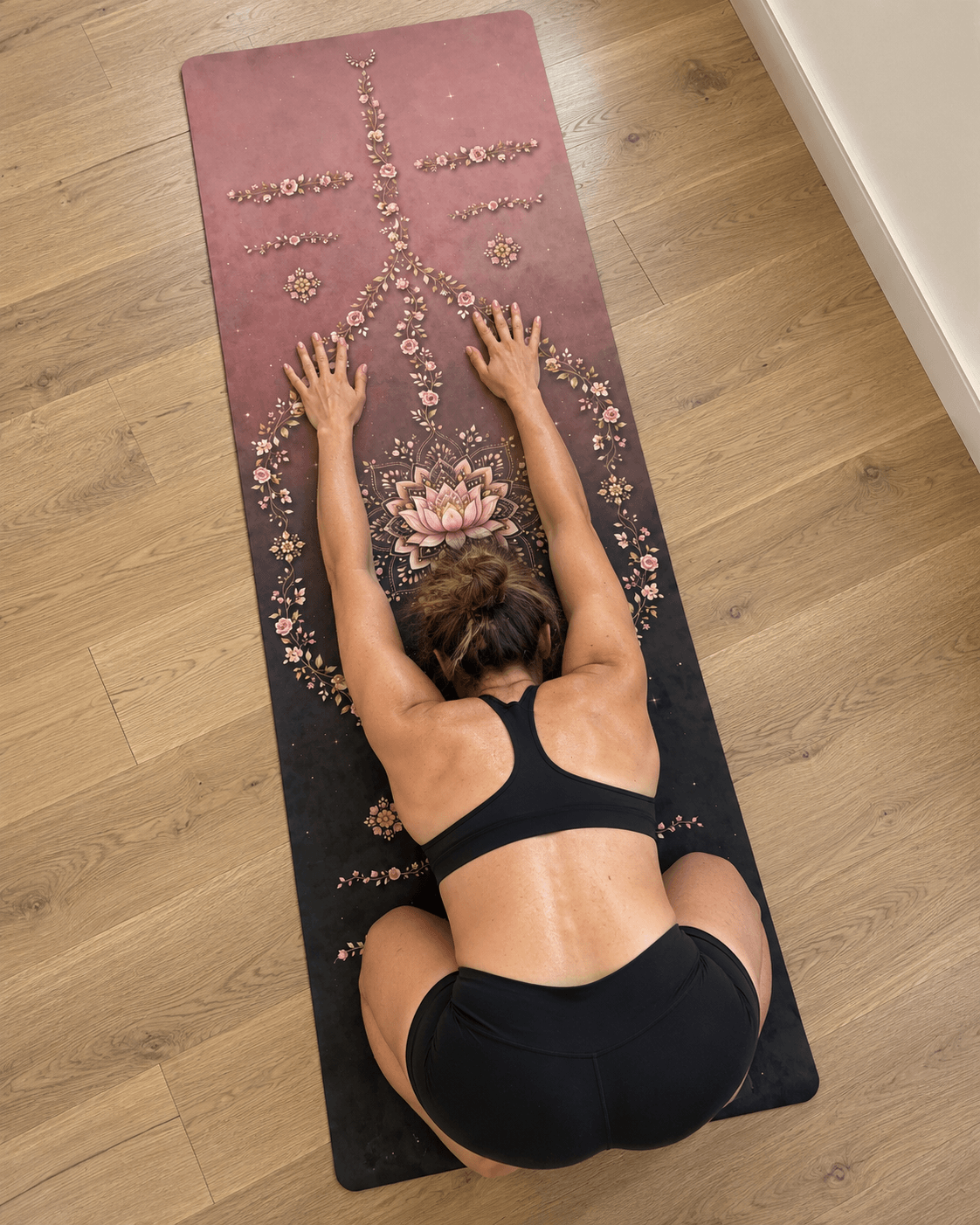 Hot Yoga Mat - Blush Blossom in use, featuring floral design, ideal for hot yoga practice with anti-slip surface.