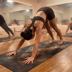 Hot Yoga Mat - Ashen Flow | MIYRA® used in downward dog pose, showcasing sweat-activated grip and non-slip performance.