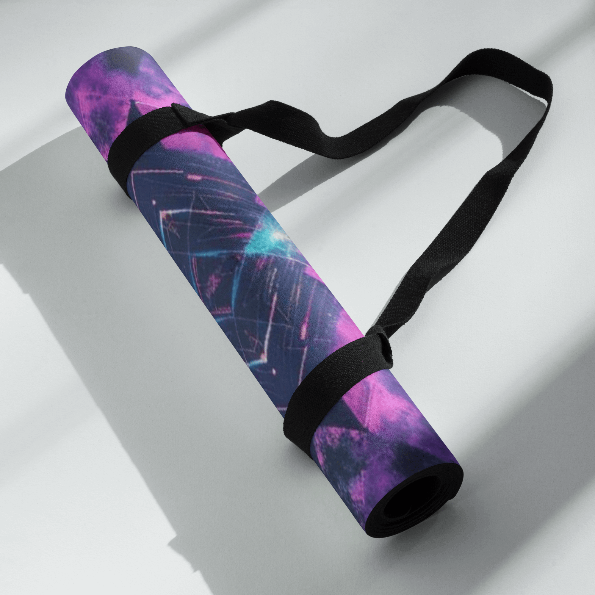 Hot Yoga Mat - Astral Ignition | MIYRA rolled with strap and vibrant design, non-slip for sweaty hot yoga classes.