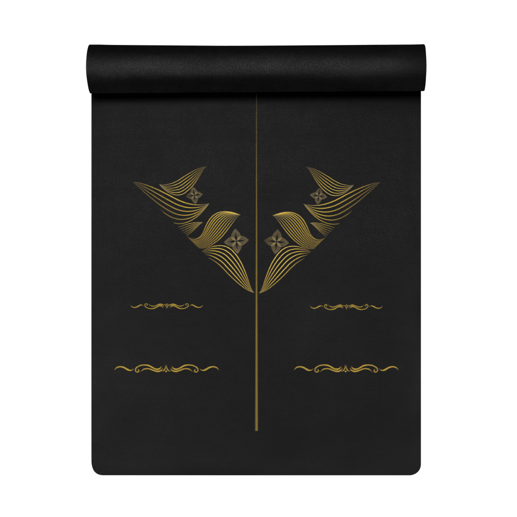 Hot Yoga Mat - Axiom Flow | MIYRA with a stylish black design and gold accents, perfect for hot yoga sessions.