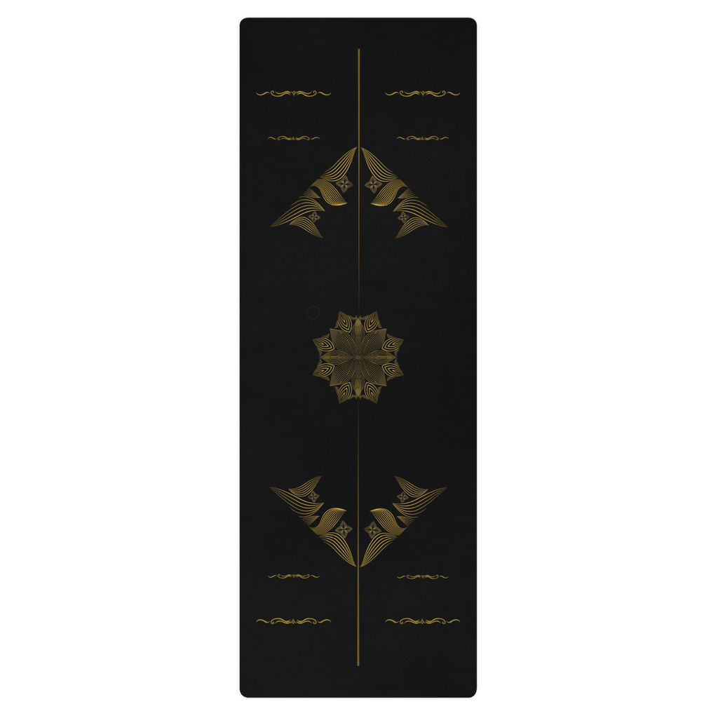 Hot Yoga Mat - Axiom Flow | MIYRA design featuring elegant gold patterns on a black background, ideal for non slip yoga.