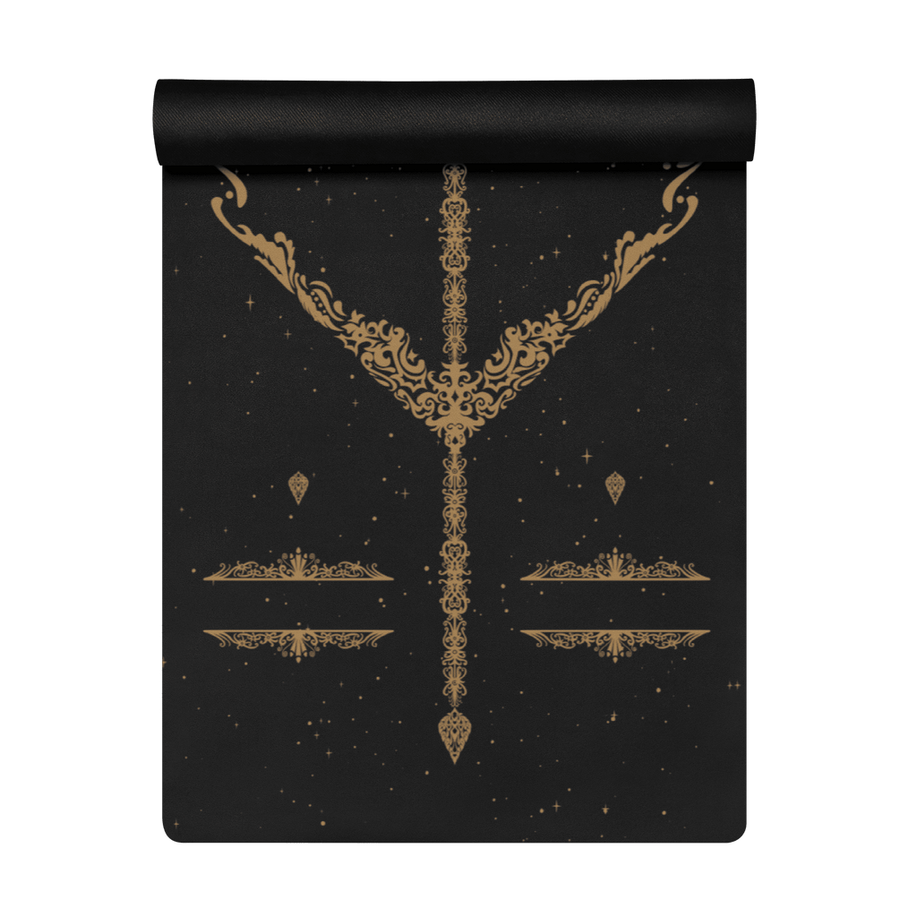 Hot Yoga Mat - Celestial Dominion | MIYRA in black with gold ornate design, sweat activated grip for hot yoga.