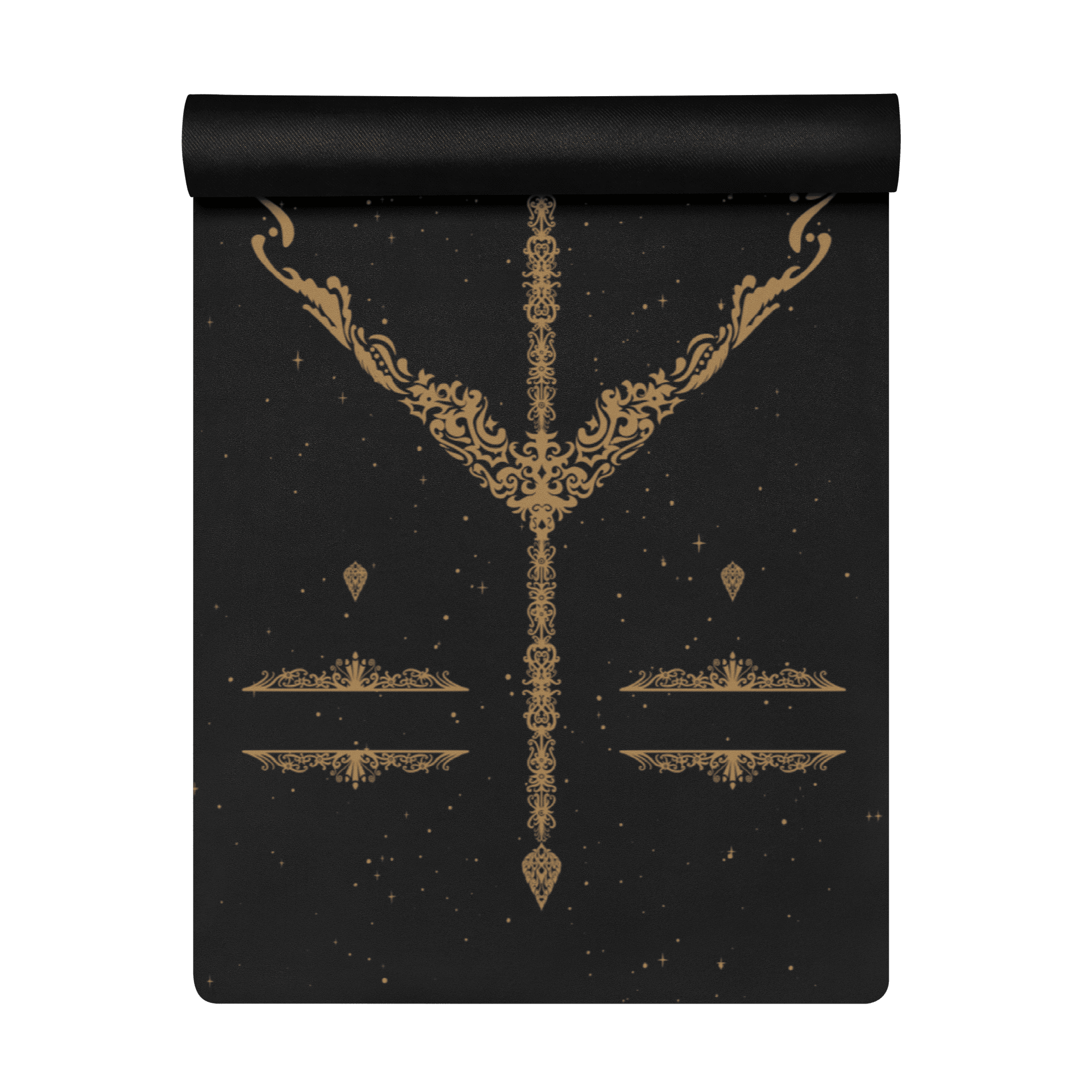 Hot Yoga Mat - Celestial Dominion | MIYRA in black with gold ornate design, sweat activated grip for hot yoga.