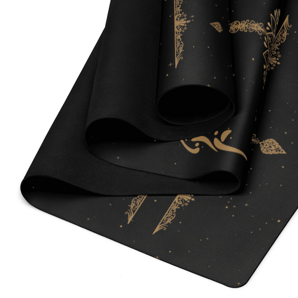 Hot Yoga Mat - Celestial Dominion | MIYRA, eco-friendly non-slip yoga mat in black with gold design for hot yoga studio practice.