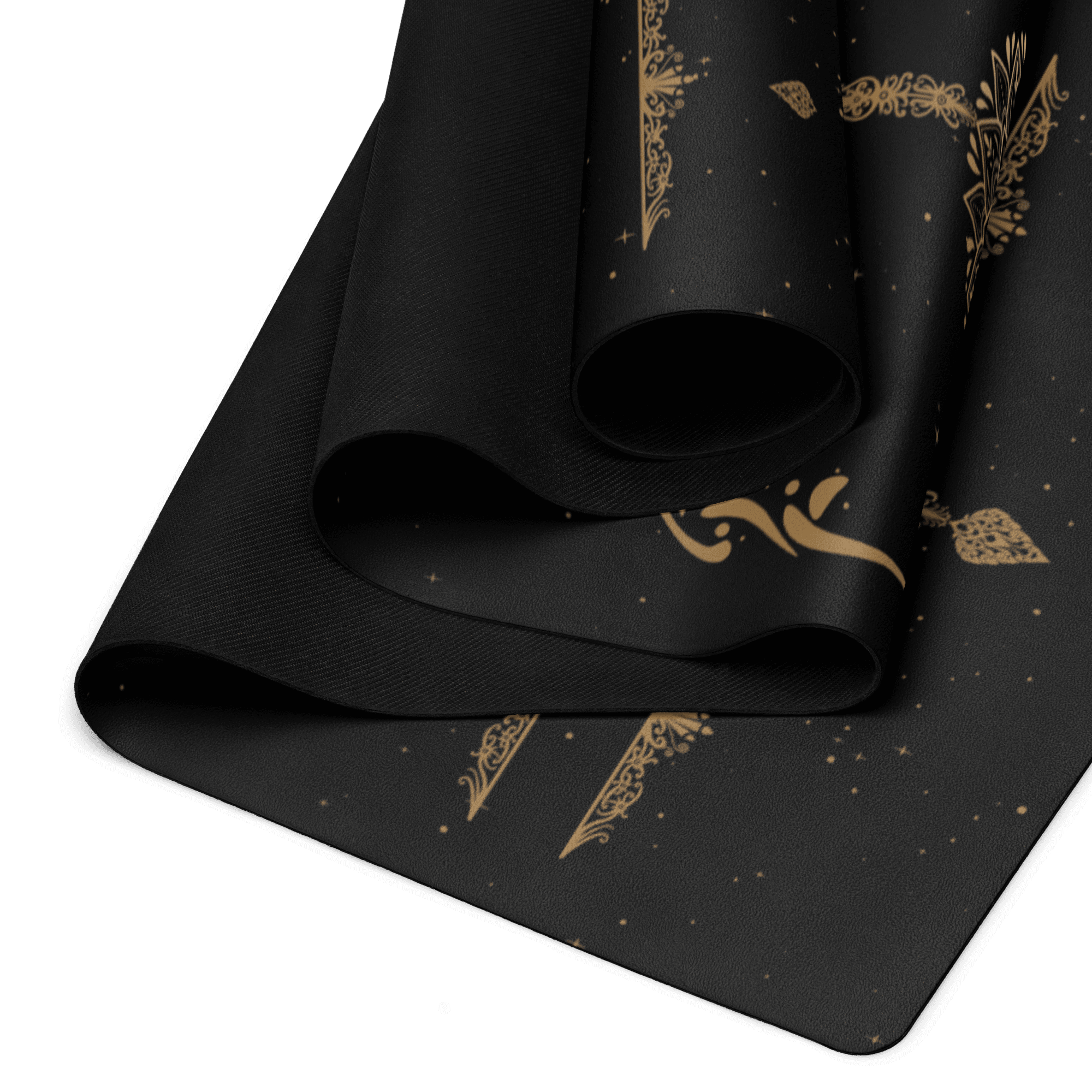 Hot Yoga Mat - Celestial Dominion | MIYRA, eco-friendly non-slip yoga mat in black with gold design for hot yoga studio practice.