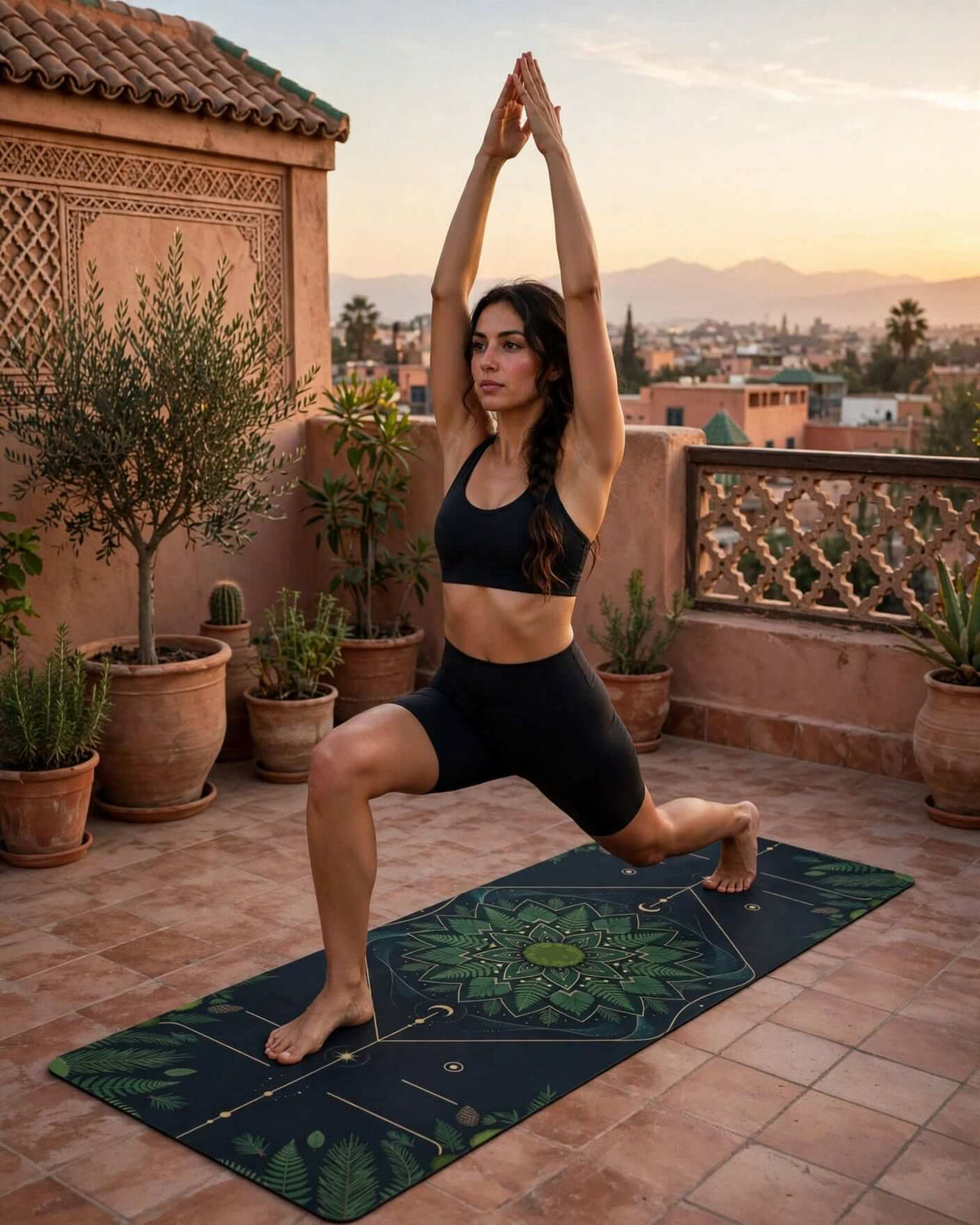 Woman practicing yoga on a Hot Yoga Mat - Celestial Forest outdoors with a scenic sunset.