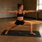 A woman practicing on the Hot Yoga Mat - Celestial Veil | MIYRA®, showcasing sweat-activated grip and non-slip performance.