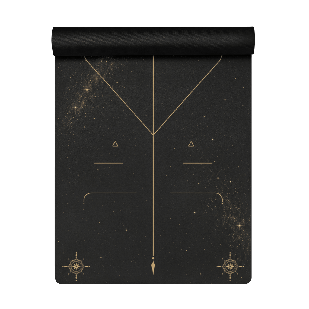 Hot Yoga Mat - Celestial Veil | MIYRA® with a black and gold celestial design, featuring a non-slip surface for towel-free hot yoga.