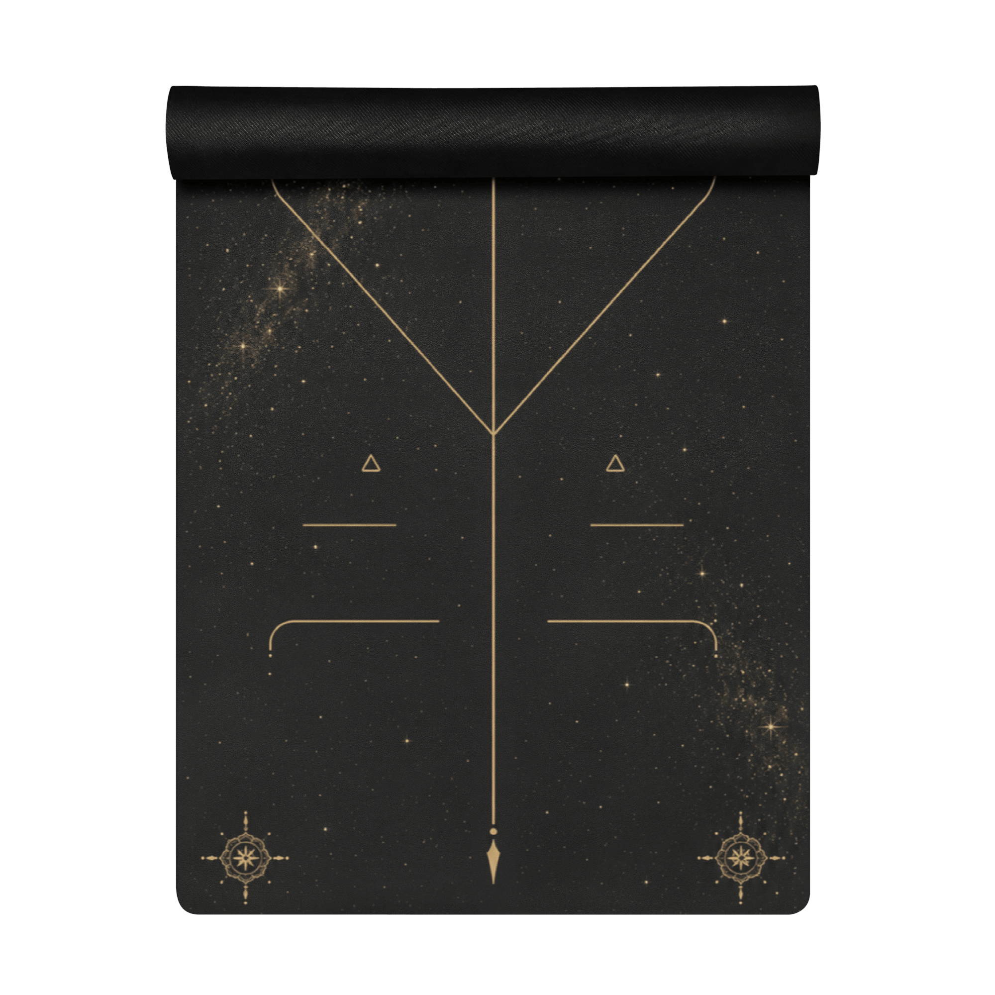 Hot Yoga Mat - Celestial Veil | MIYRA® with a black and gold celestial design, featuring a non-slip surface for towel-free hot yoga.
