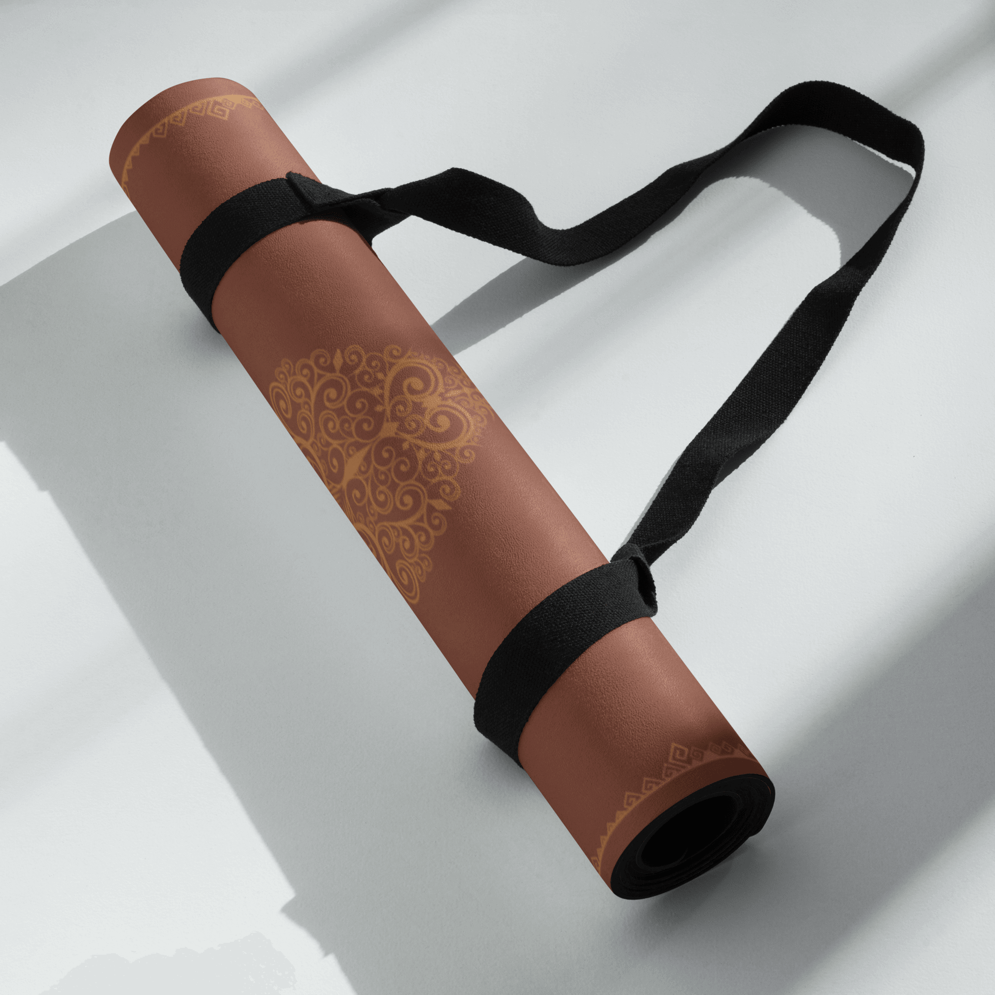 Hot Yoga Mat - Earthline Alignment | MIYRA rolled up with straps, eco-friendly non-slip design for heated yoga practice.