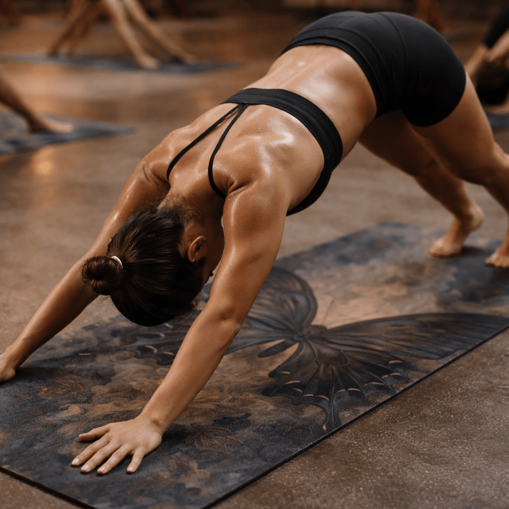 Hot Yoga Mat - Eclipse Wings | MIYRA in use during a hot yoga session, showcasing its non-slip surface and design.