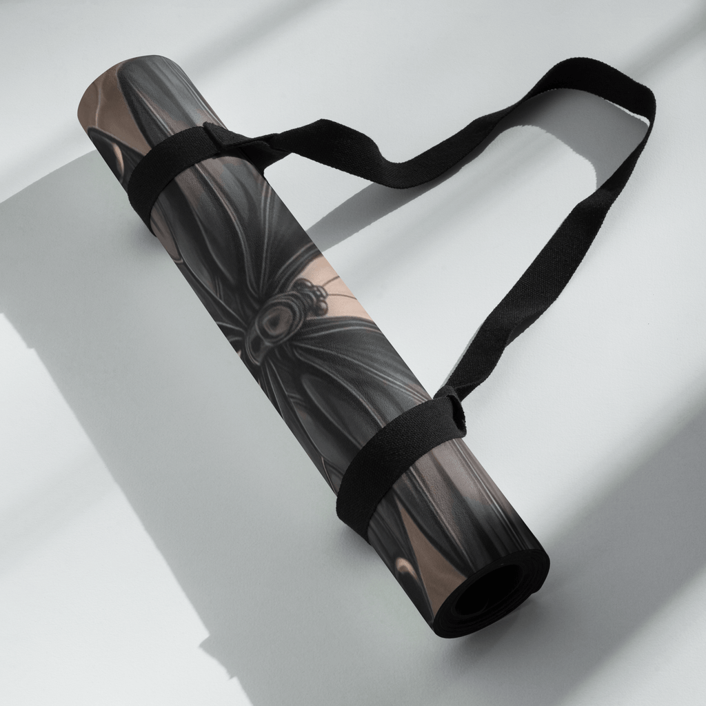 Hot Yoga Mat - Eclipse Wings | MIYRA rolled up with strap, showcasing stylish design and portability.
