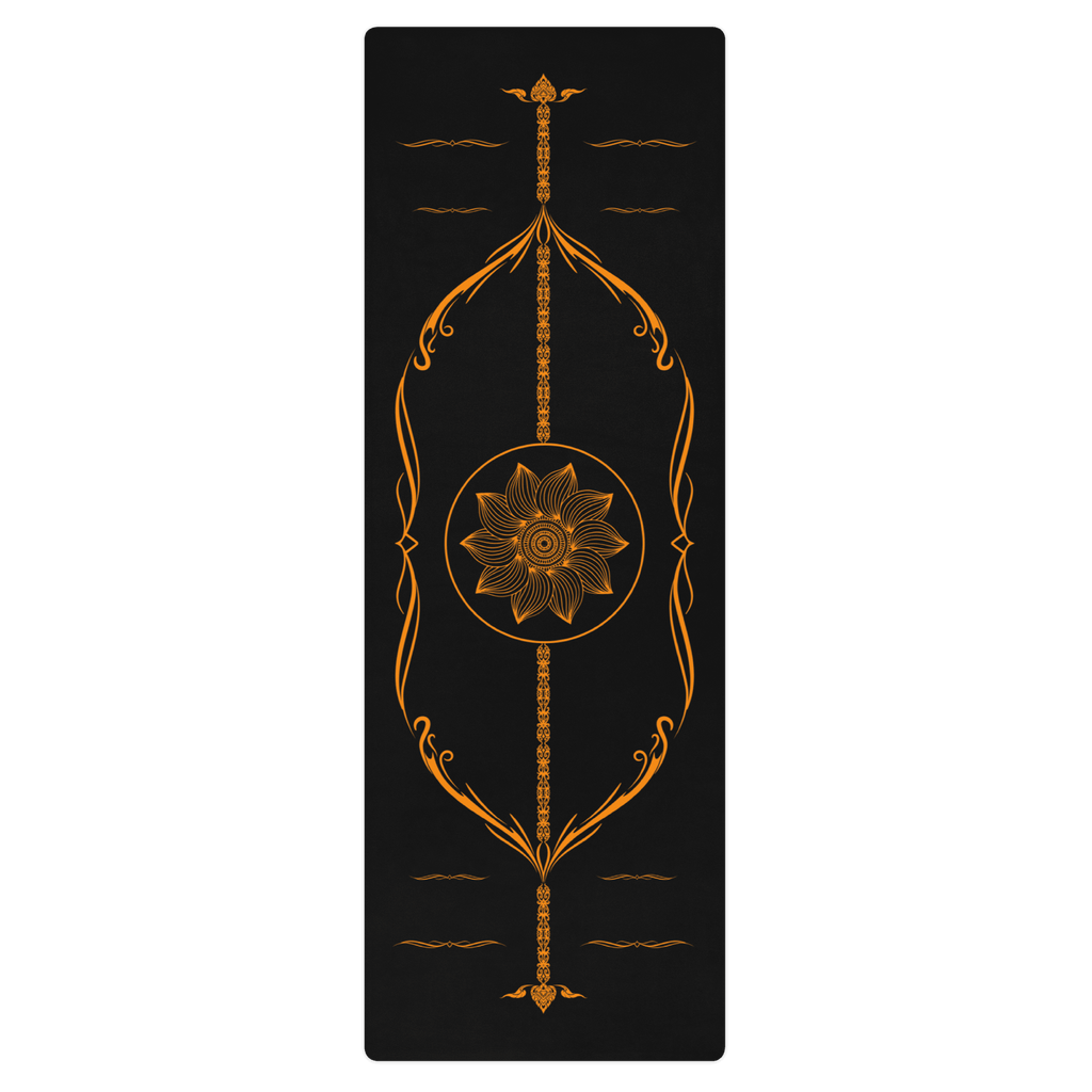 Hot Yoga Mat - Ember Core | MIYRA with intricate gold flower design on a black background, ideal for hot yoga and stability.