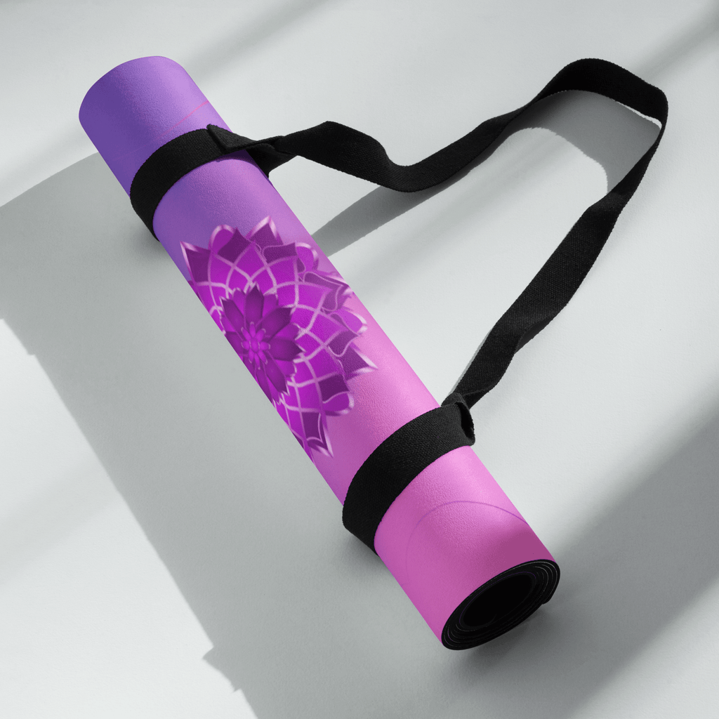 Hot Yoga Mat - Floral Fantasy | MIYRA rolled with strap, non-slip purple and pink design for vinyasa flow.