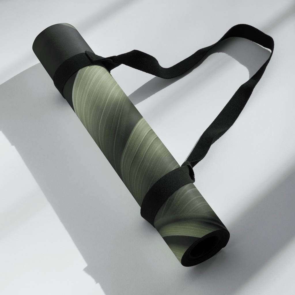 Hot Yoga Mat - Forest Veil | MIYRA rolled and secured with strap, showcasing its stylish design for yoga enthusiasts.