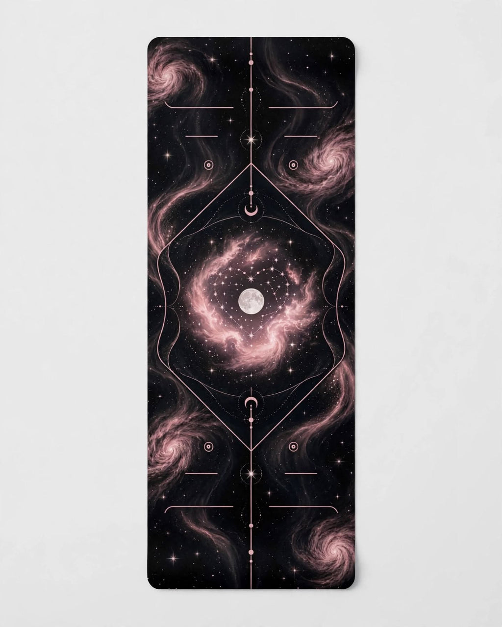 Hot Yoga Mat - Lunar Halo featuring a celestial design with swirling pink and black space patterns and alignment markings.