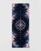 Hot Yoga Mat - Lunar Sapphire with a beautiful design featuring a lotus flower and a cosmic background.