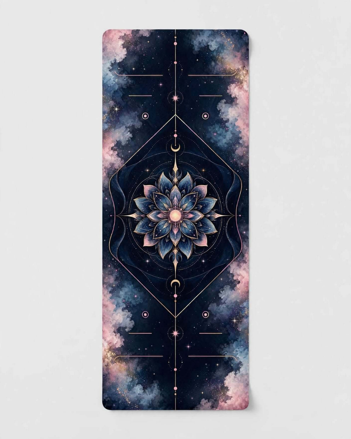 Hot Yoga Mat - Lunar Sapphire with a beautiful design featuring a lotus flower and a cosmic background.