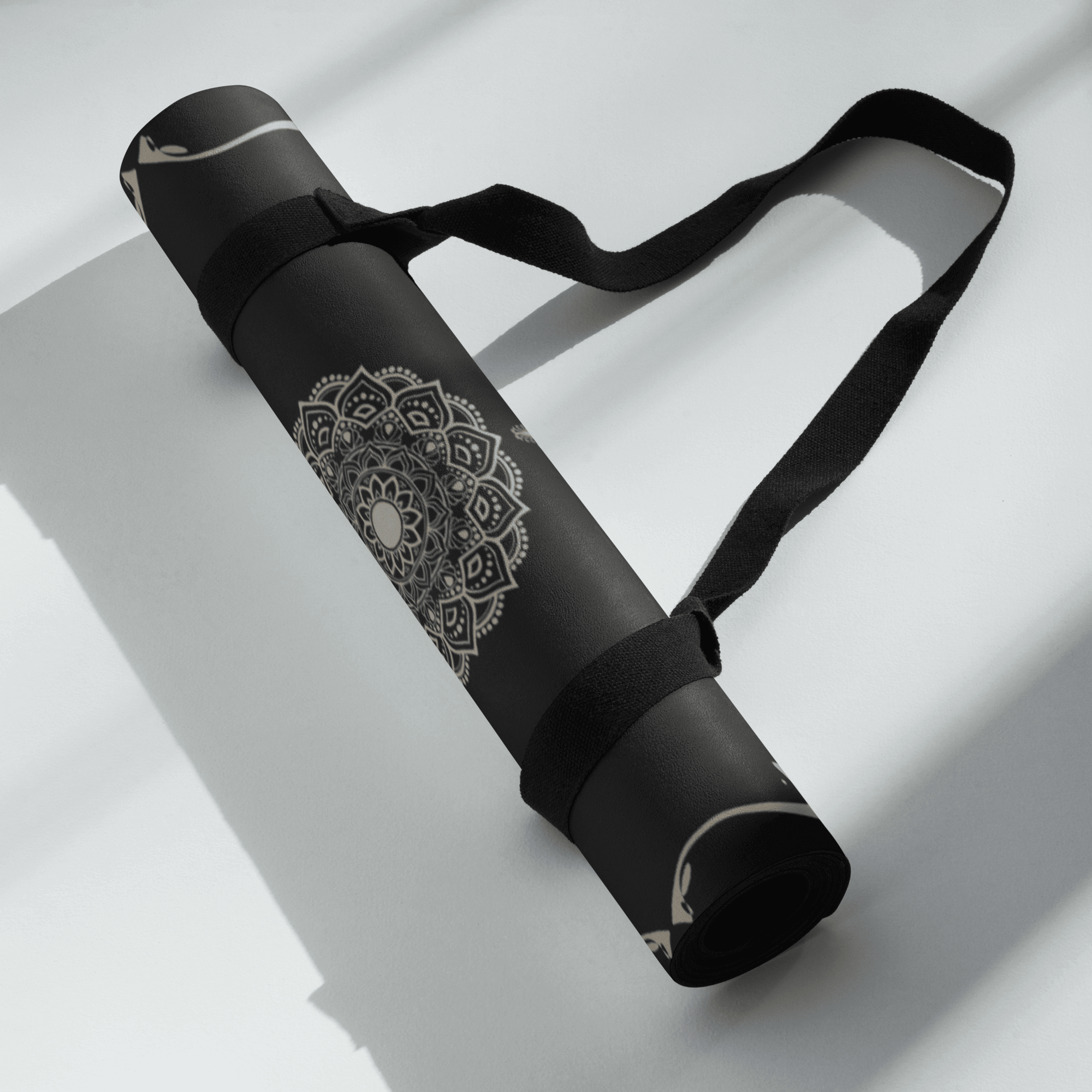 Hot Yoga Mat - Midnight Sanctuary | MIYRA rolled with strap and mandala design, ideal non-slip yoga mat for hot yoga.