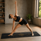 Woman practicing yoga on the Hot Yoga Mat - Noir Temple | MIYRA®, showcasing its non-slip performance and sweat-activated grip.