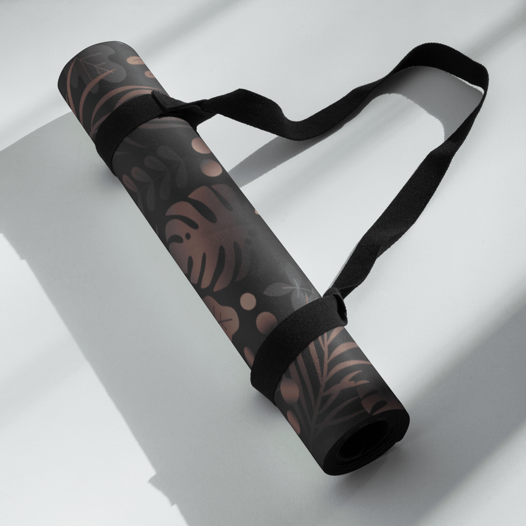Hot Yoga Mat - Non Slip Eco-friendly rolled up with strap, featuring a stylish Midnight Tropics design.