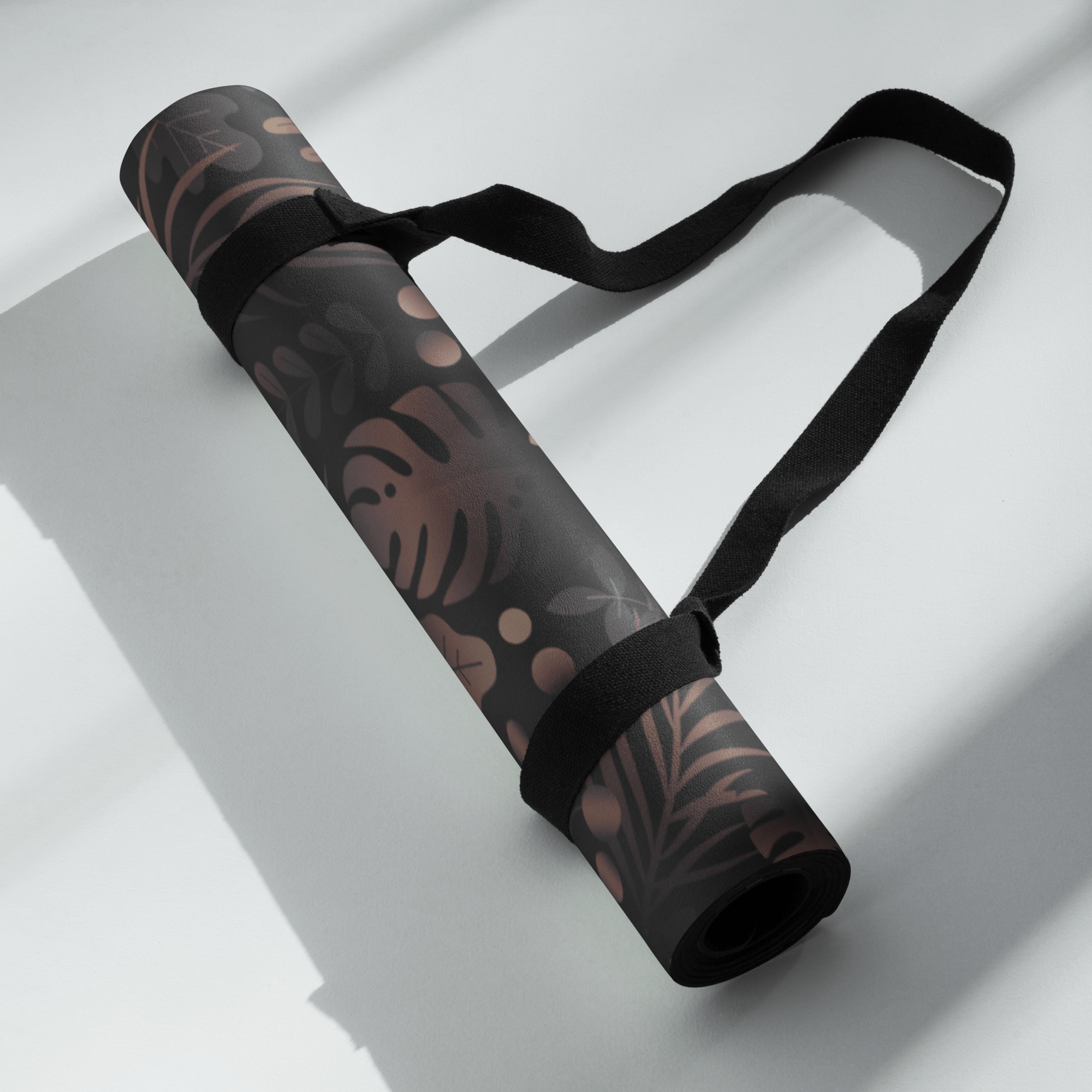 Hot Yoga Mat - Non Slip Eco-friendly rolled up with strap, featuring a stylish Midnight Tropics design.