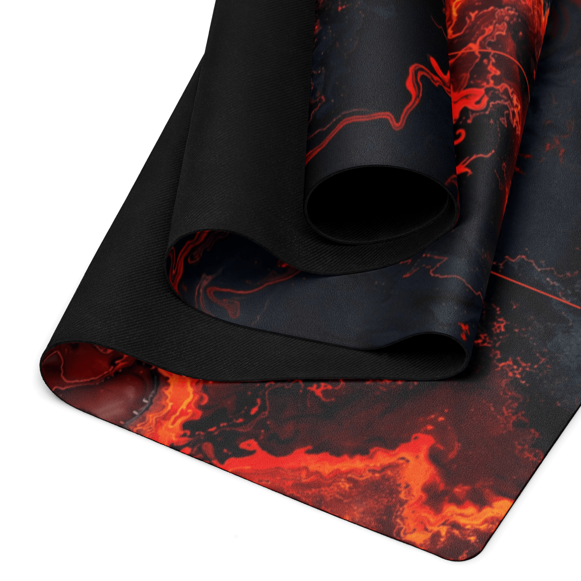 Hot Yoga Mat - Obsidian Flame | MIYRA® shows vibrant design with a premium microfiber surface and non-slip rubber base.
