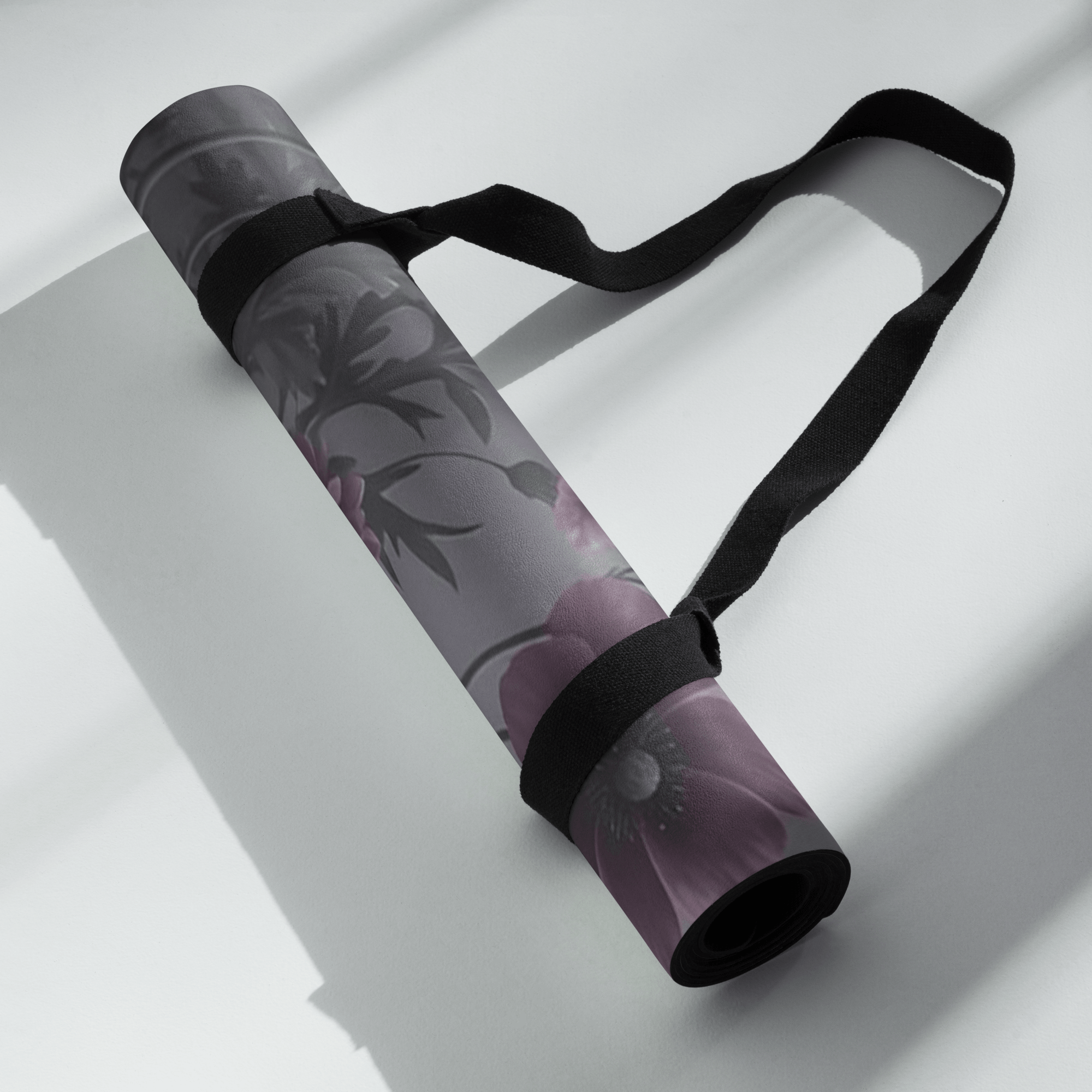 Hot Yoga Mat - Rose Mist Flow | MIYRA rolled up with a strap for easy carrying, showcasing floral design.