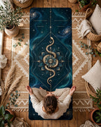 Hot Yoga Mat - Stellar Serpent featuring a celestial design with a snake and floral details, placed in a serene yoga studio.