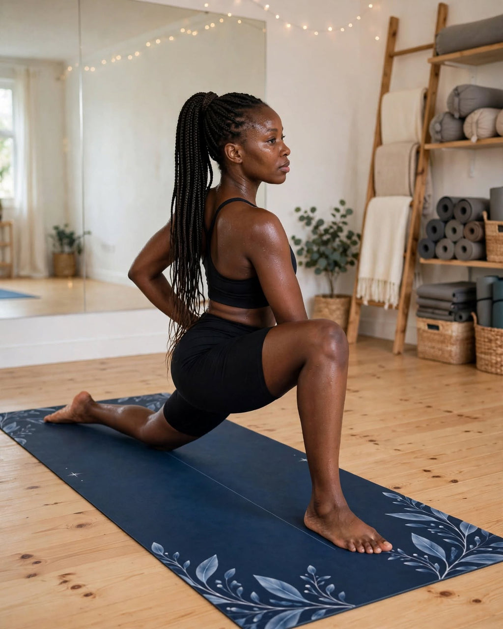Woman practicing yoga on the Hot Yoga Mat - Midnight Laurel, the Best Yoga Mat For Hot Yoga, in a peaceful studio setting.