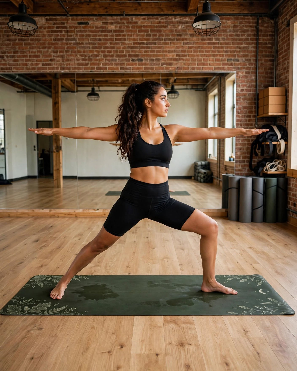 Woman practicing yoga on the Best Yoga Mat For Hot Yoga in Emerald Fern color.