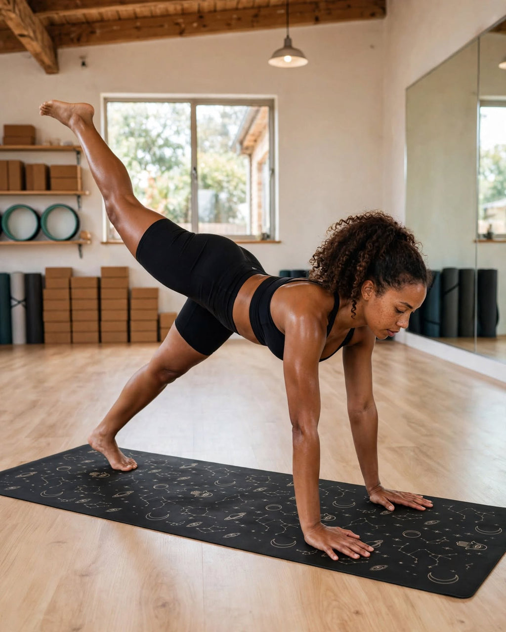 Best yoga mat for hot yoga non slip hot yoga mat in use during a challenging yoga pose.