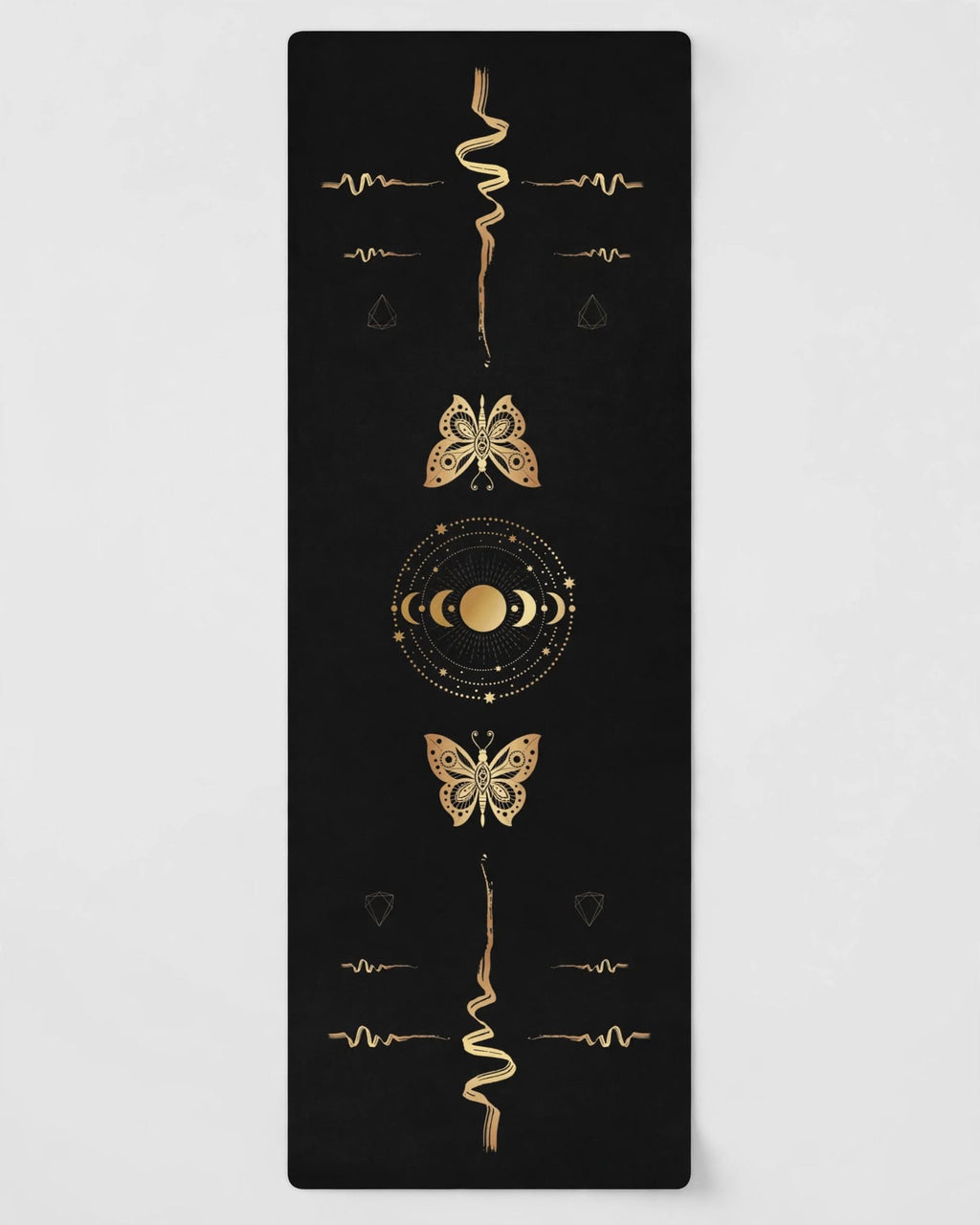 Hot Yoga Mat | Eclipse featuring celestial gold designs on a sleek black surface, ideal for non-slip support.