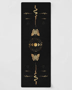 Hot Yoga Mat | Eclipse featuring celestial gold designs on a sleek black surface, ideal for non-slip support.