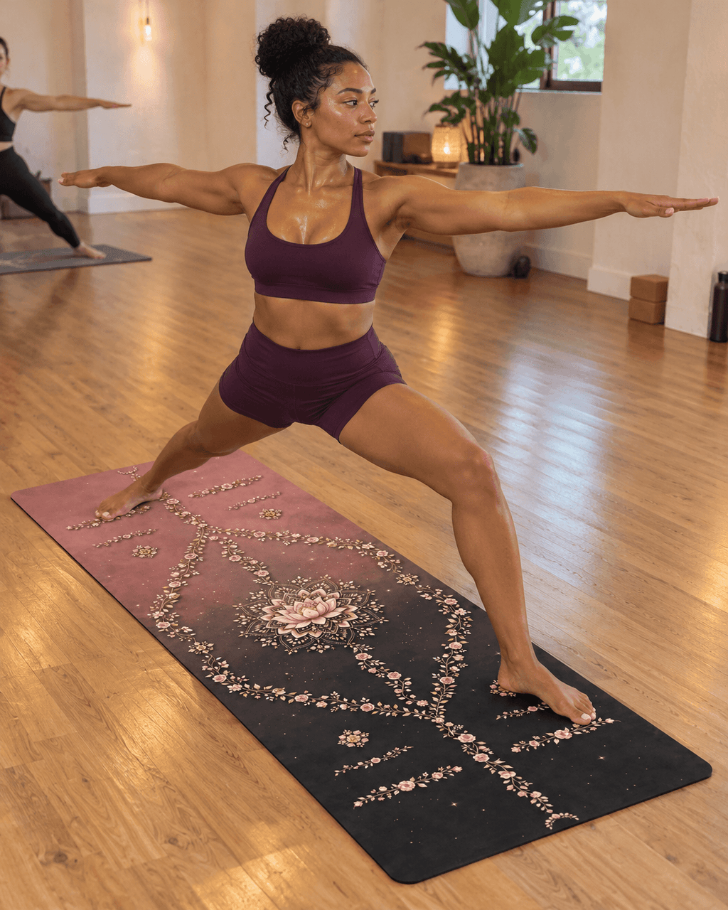 Hot Yoga Mat - Blush Blossom with a woman performing yoga in a studio, showcasing stability and style.