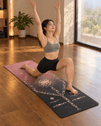 Person practicing on a Hot Yoga Mat - Blush Blossom, demonstrating a yoga pose with floral design.