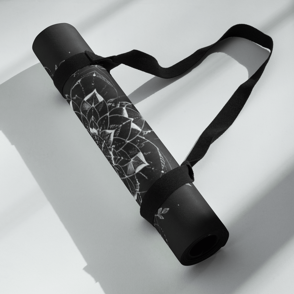 Hot Yoga Mat - Dark Halo | MIYRA® rolled up with a strap, showcasing the stylish design and natural rubber base.