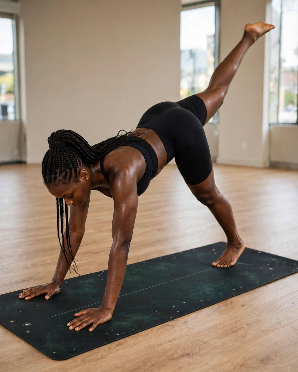 Best Yoga Mat For Hot Yoga in use during a challenging pose in a bright studio.